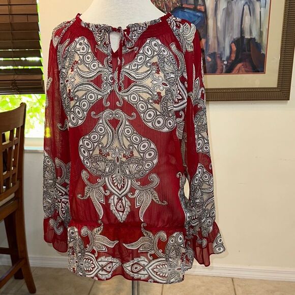 Chico’s Sheer Burgundy Paisley Ruffle Sleeve Tie Front Tunic Size 3 (XL) - Picture 2 of 11
